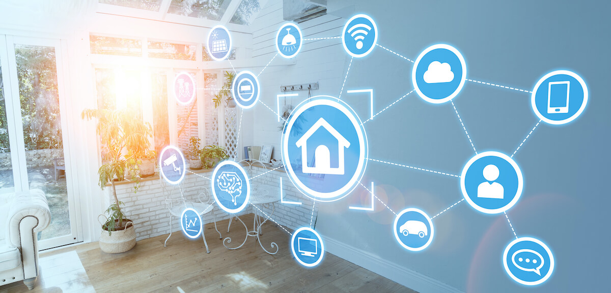 Illustration inside a home of how all personal data is connected. Icons include cloud, pets, solar panels, computers vehicle, computer monitor and mobile phone.