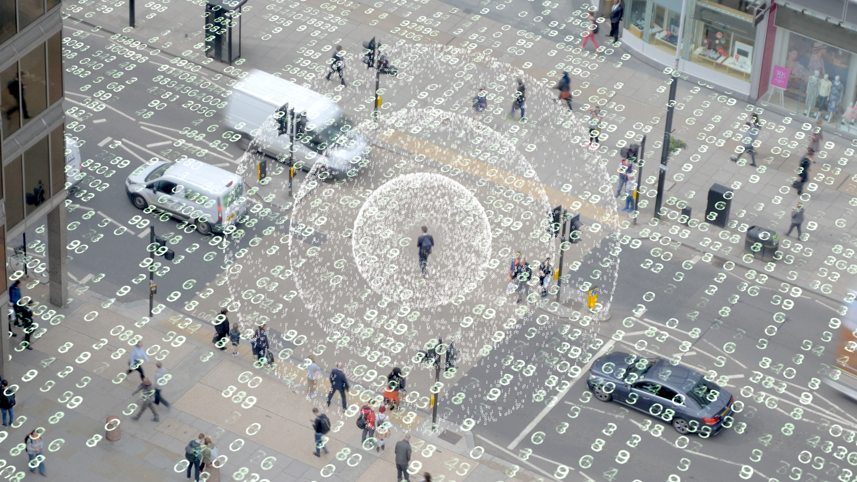 Technology illustration of how data follows people. Rows of numbers surround a man walking down the street.