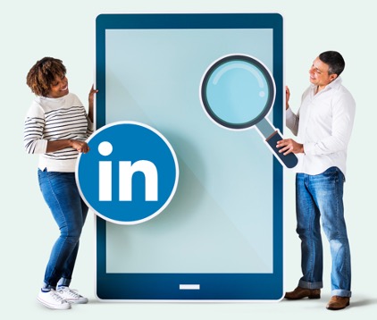 Illustration of a man holding a magnifying glass up to a computer tablet and a woman holding the LinkedIn icon.