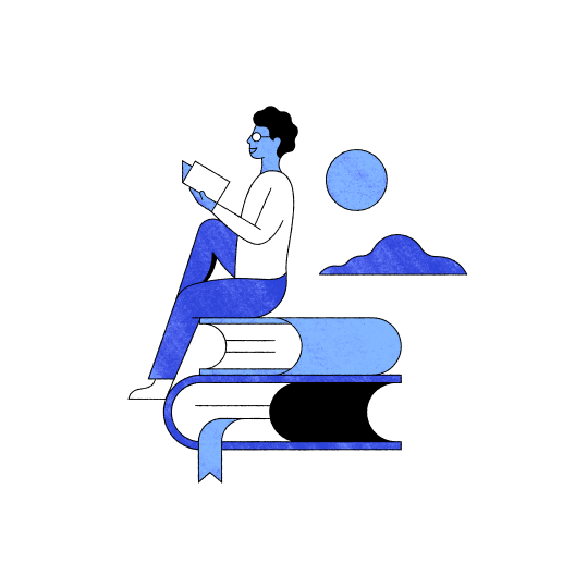 Illustration of a man reading while sitting on 2 books.