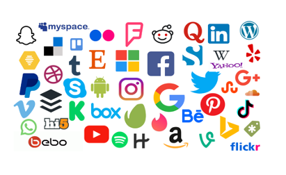 Illustration of numberous olda and new social media icons such as myspace, Google Plus, LinkedIn, etc.