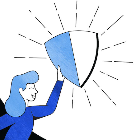 Illustration of cartoon person holding a shield as protection