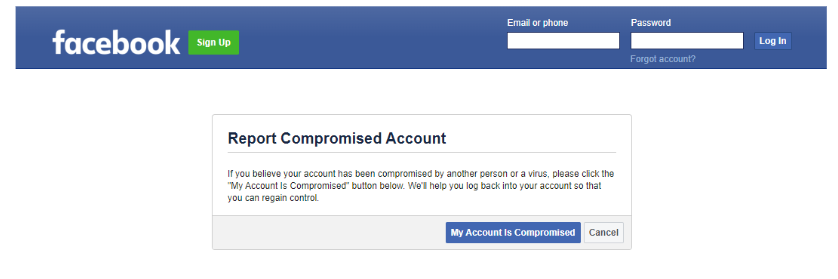 Facebook account screen to Report a Compromised Account