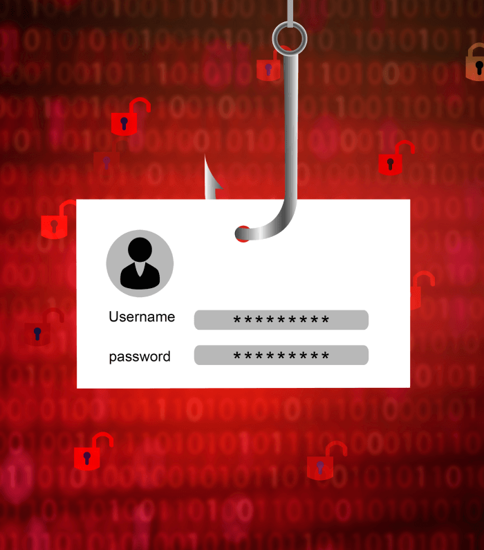 Red illustration of a phishing attack with a user's name and password of a fishing hook.